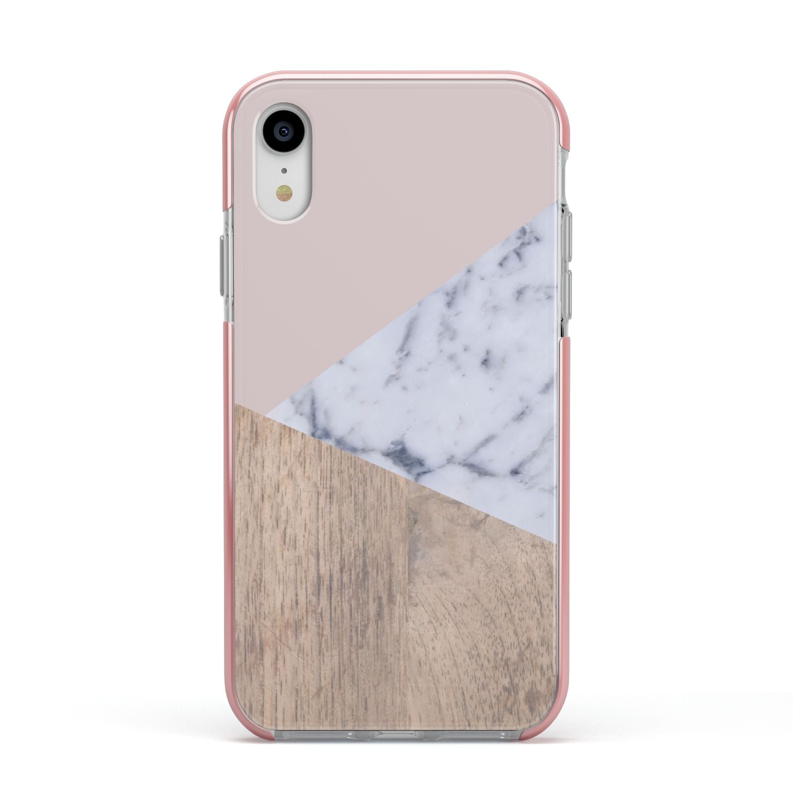 Marble Wood Geometric 7 Apple iPhone XR Impact Case Pink Edge on Silver Phone
