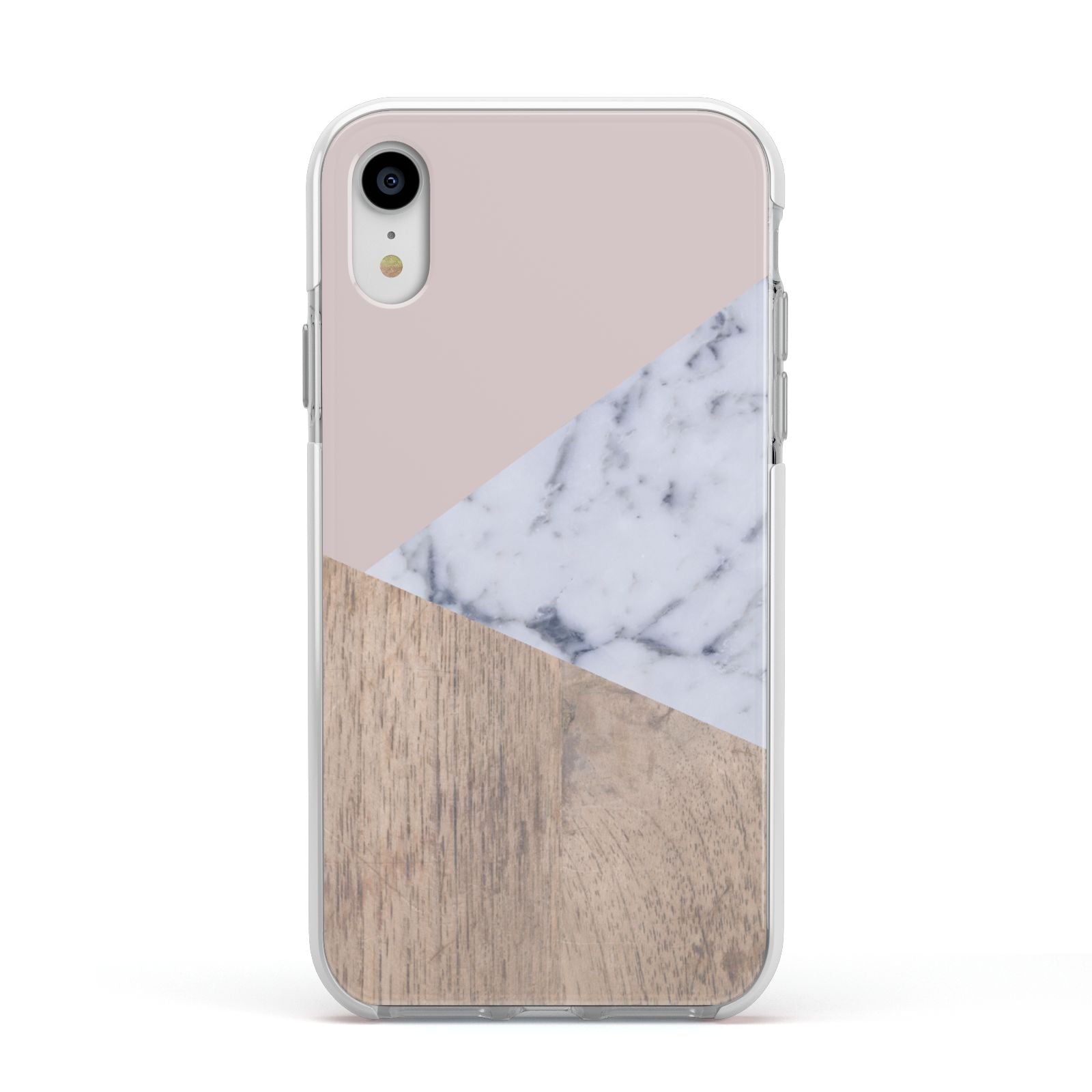 Marble Wood Geometric 7 Apple iPhone XR Impact Case White Edge on Silver Phone