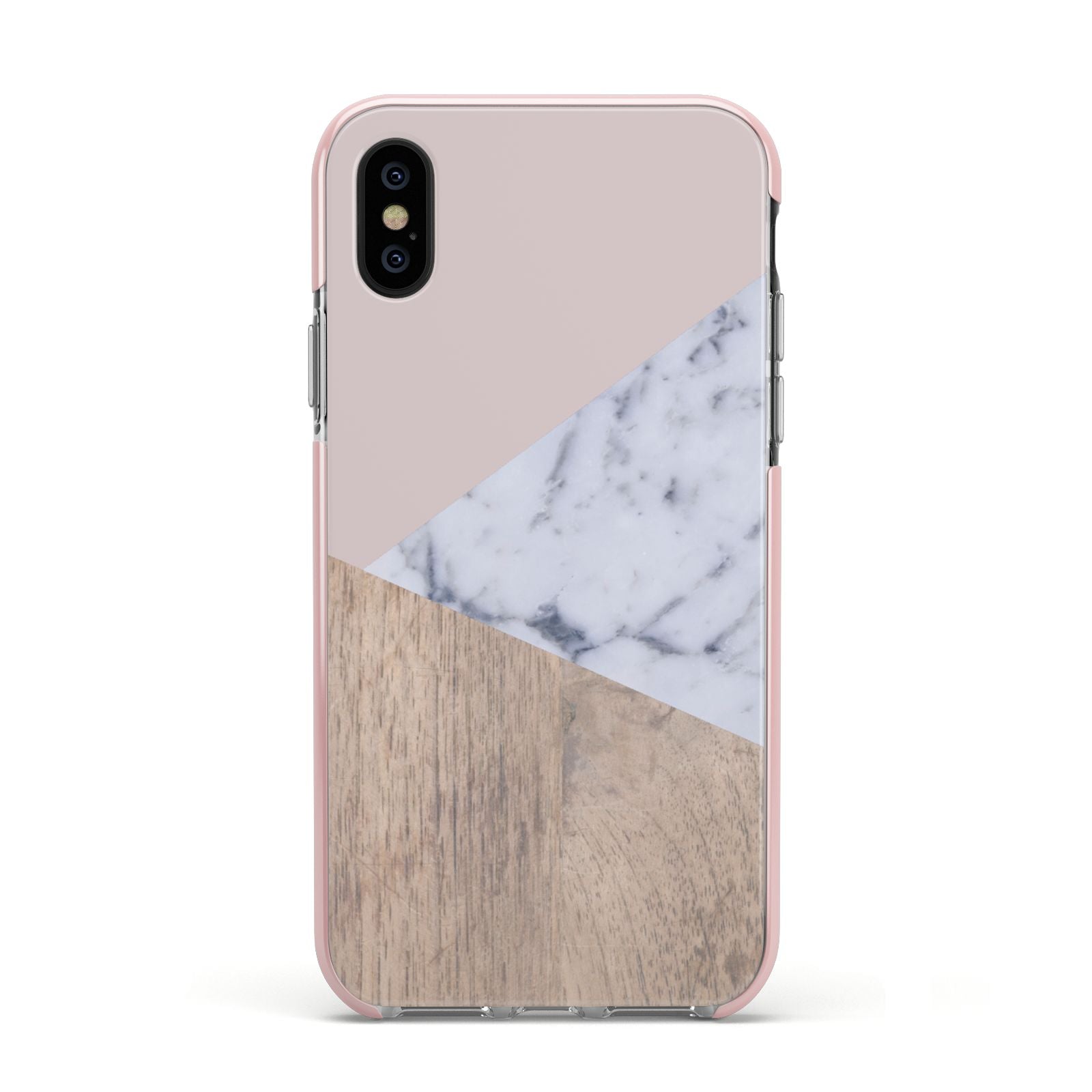 Marble Wood Geometric 7 Apple iPhone Xs Impact Case Pink Edge on Black Phone