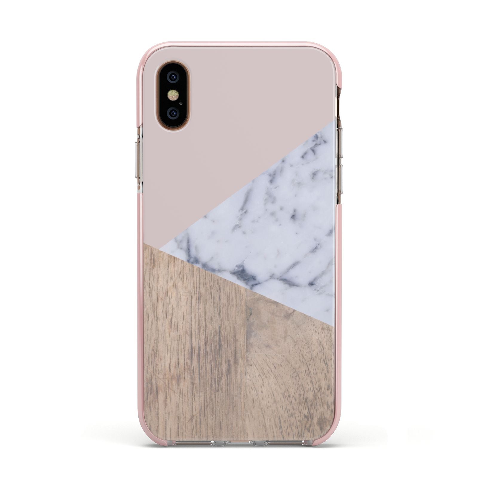 Marble Wood Geometric 7 Apple iPhone Xs Impact Case Pink Edge on Gold Phone