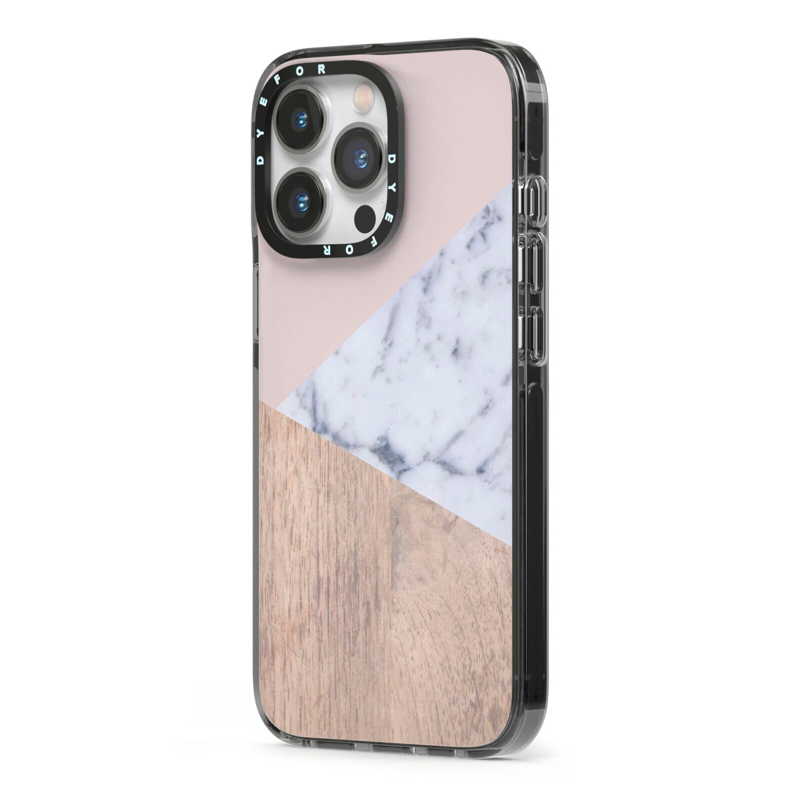 Marble Wood Geometric 7 iPhone 13 Pro Black Impact Case Side Angle on Silver phone
