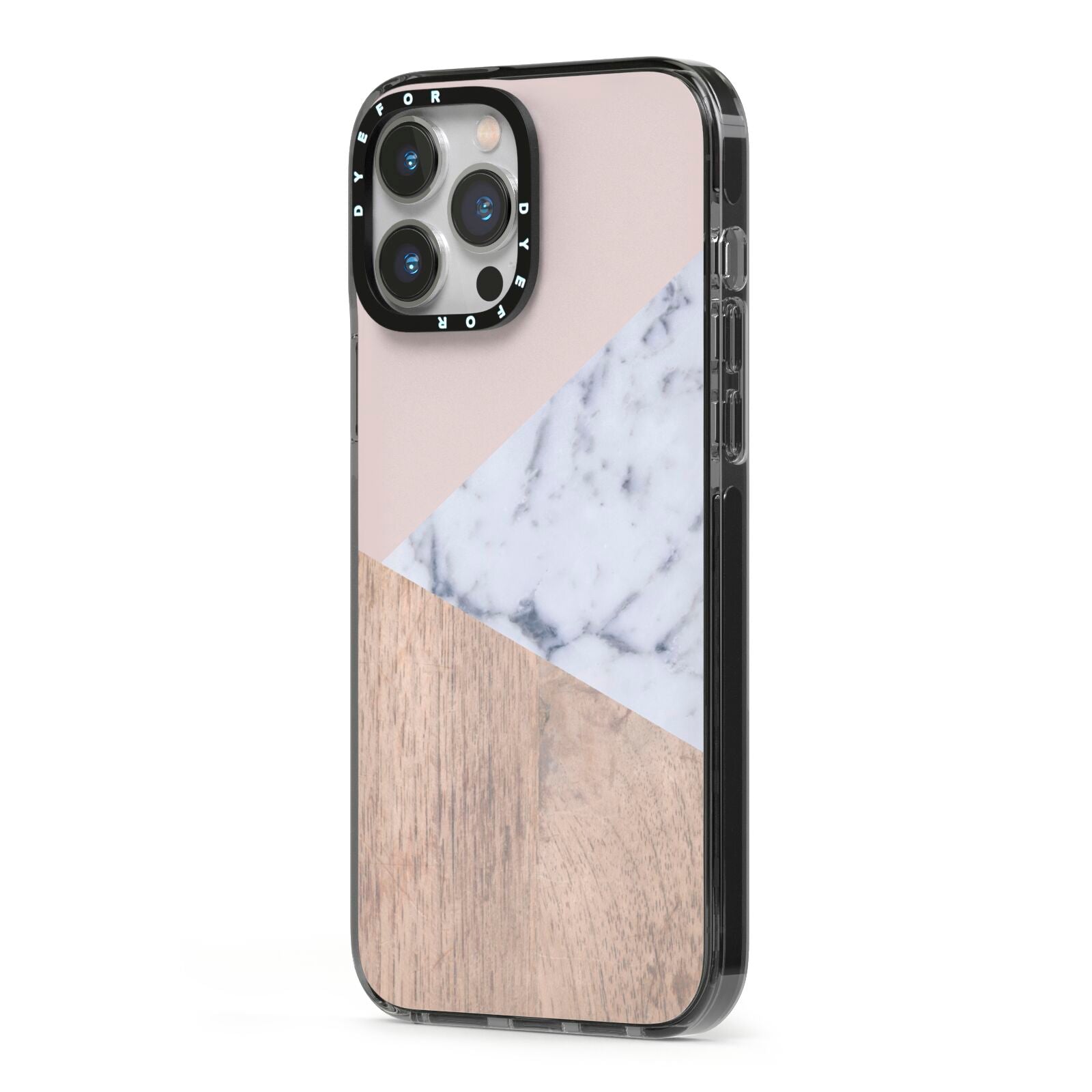 Marble Wood Geometric 7 iPhone 13 Pro Max Black Impact Case Side Angle on Silver phone