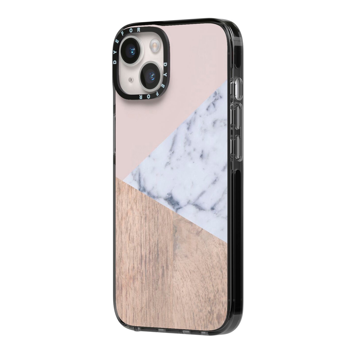 Marble Wood Geometric 7 iPhone 14 Black Impact Case Side Angle on Silver phone