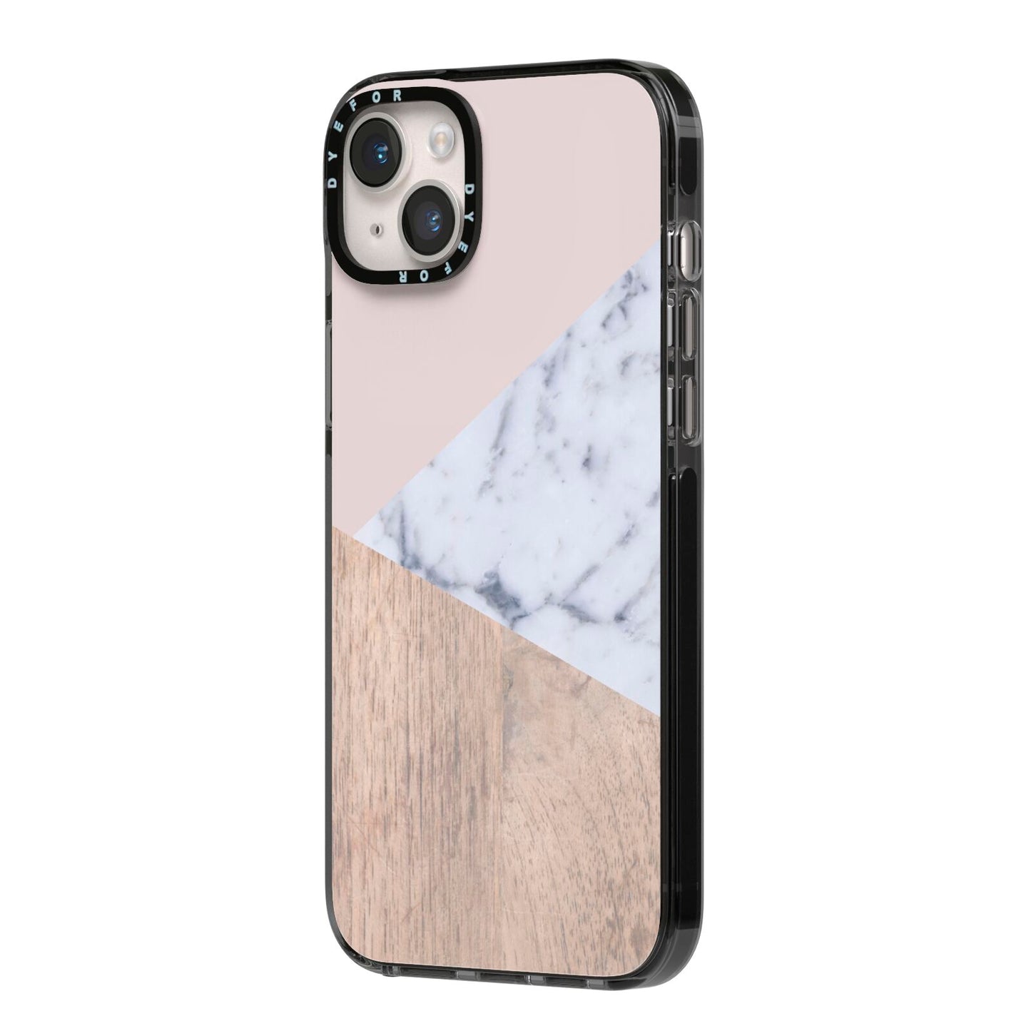 Marble Wood Geometric 7 iPhone 14 Plus Black Impact Case Side Angle on Silver phone