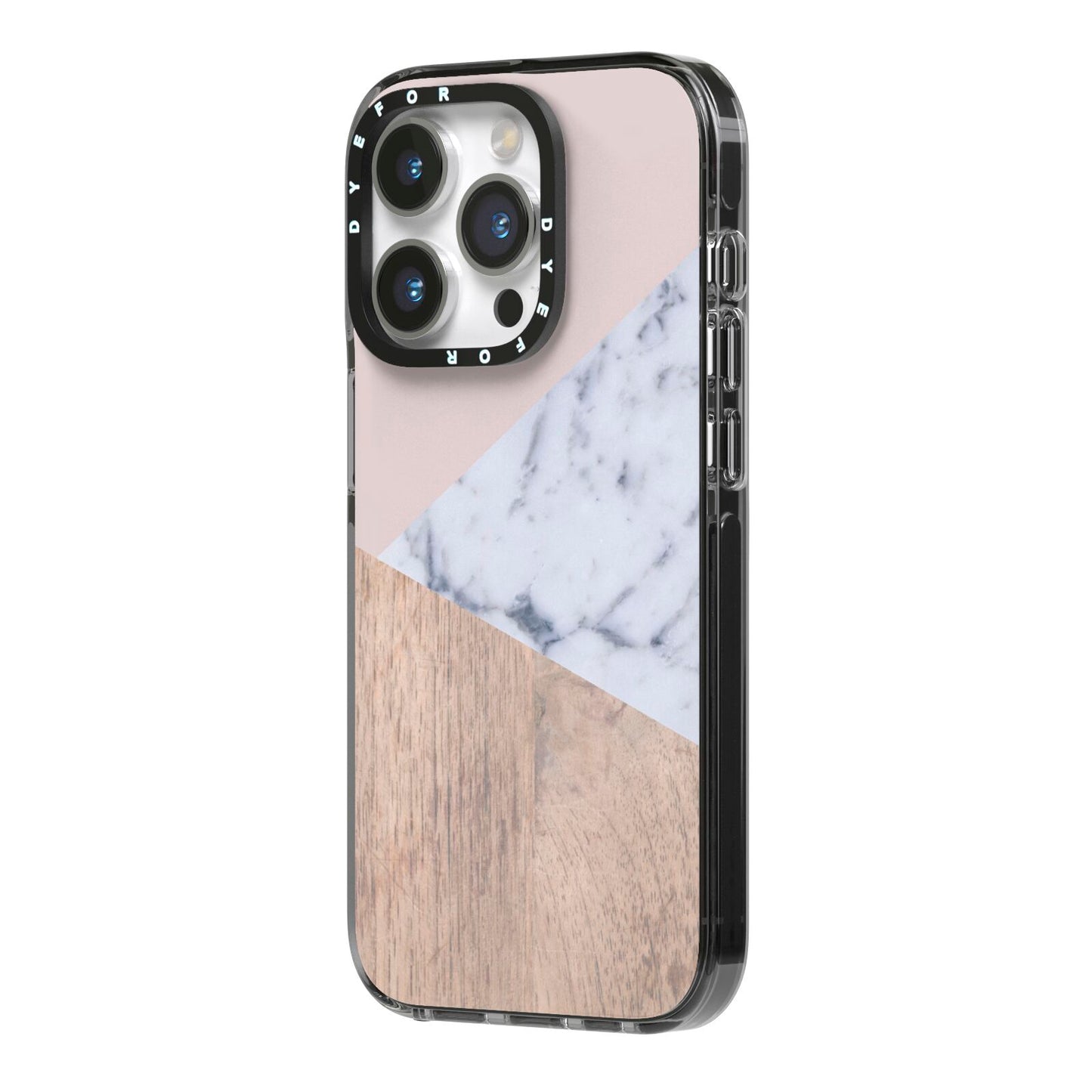 Marble Wood Geometric 7 iPhone 14 Pro Black Impact Case Side Angle on Silver phone