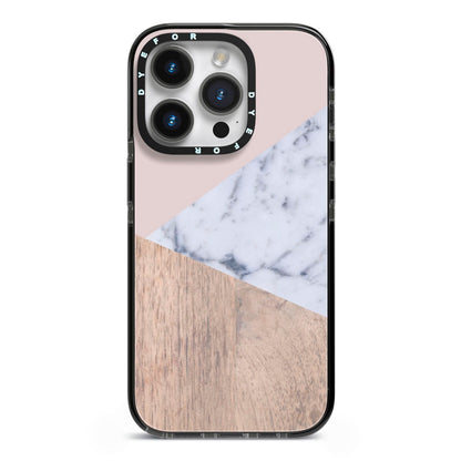 Marble Wood Geometric 7 iPhone 14 Pro Black Impact Case on Silver phone
