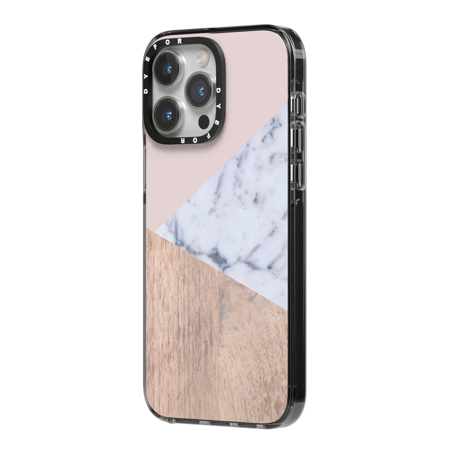 Marble Wood Geometric 7 iPhone 14 Pro Max Black Impact Case Side Angle on Silver phone