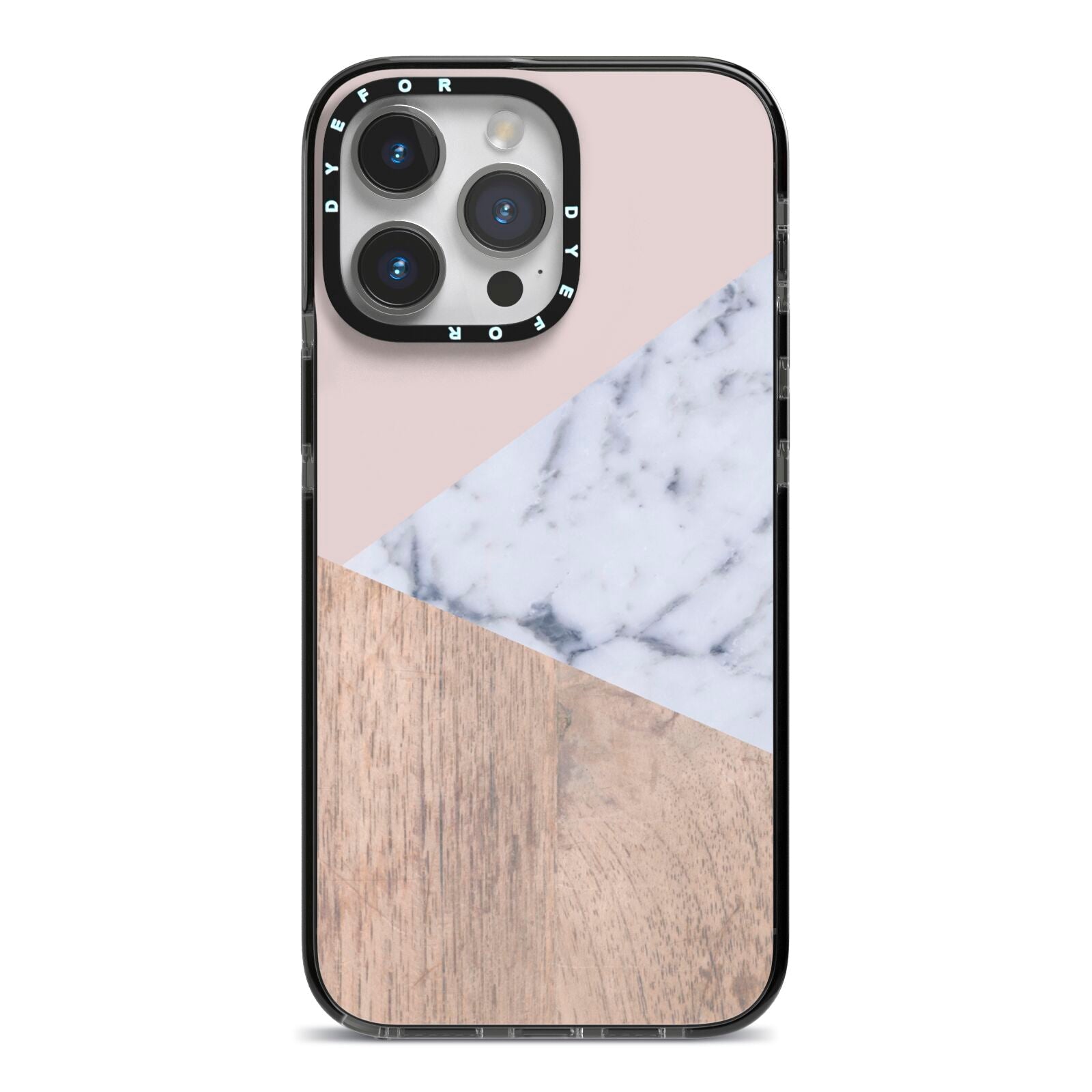 Marble Wood Geometric 7 iPhone 14 Pro Max Black Impact Case on Silver phone