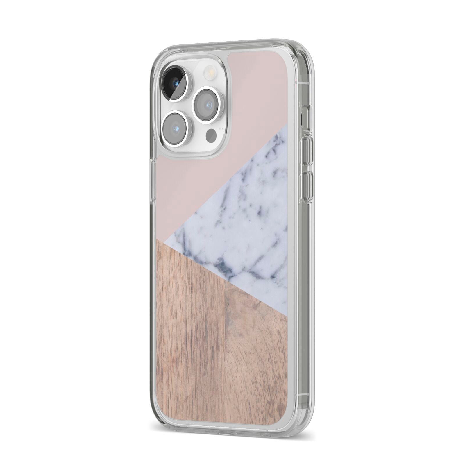 Marble Wood Geometric 7 iPhone 14 Pro Max Clear Tough Case Silver Angled Image