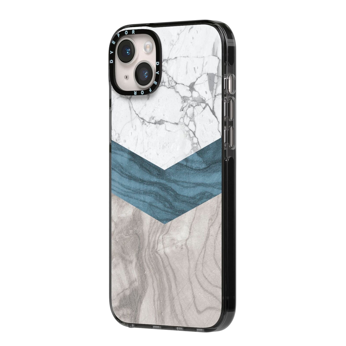Marble Wood Geometric 8 iPhone 14 Plus Black Impact Case Side Angle on Silver phone