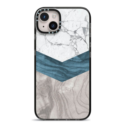 Marble Wood Geometric 8 iPhone 14 Plus Black Impact Case on Silver phone