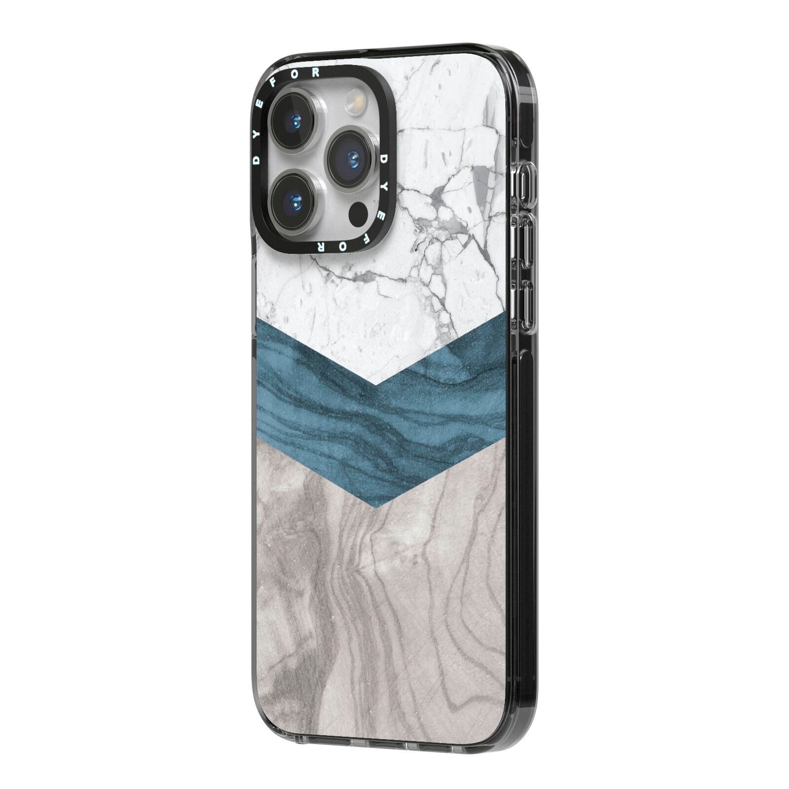Marble Wood Geometric 8 iPhone 14 Pro Max Black Impact Case Side Angle on Silver phone