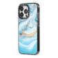 Marble iPhone 13 Pro Black Impact Case Side Angle on Silver phone