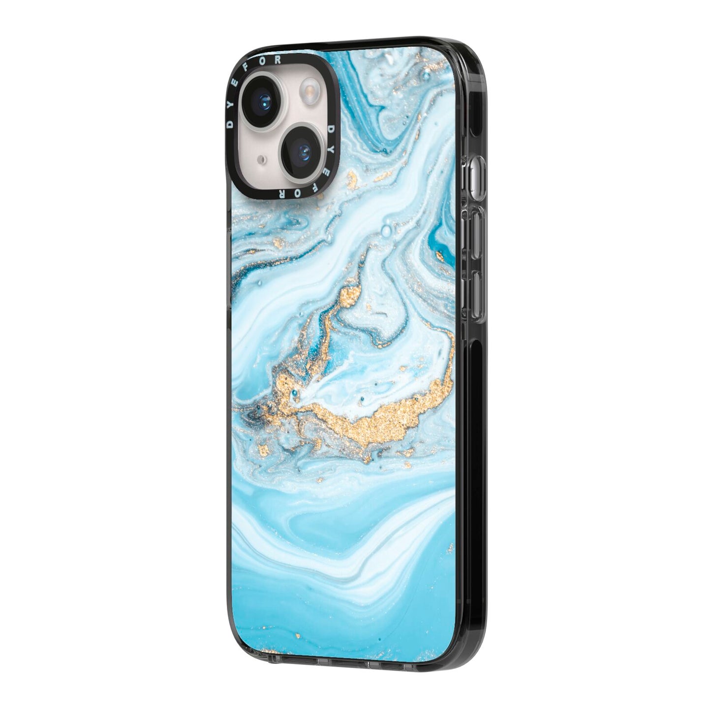 Marble iPhone 14 Black Impact Case Side Angle on Silver phone