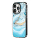 Marble iPhone 14 Pro Black Impact Case Side Angle on Silver phone
