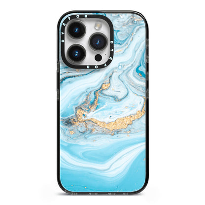 Marble iPhone 14 Pro Black Impact Case on Silver phone