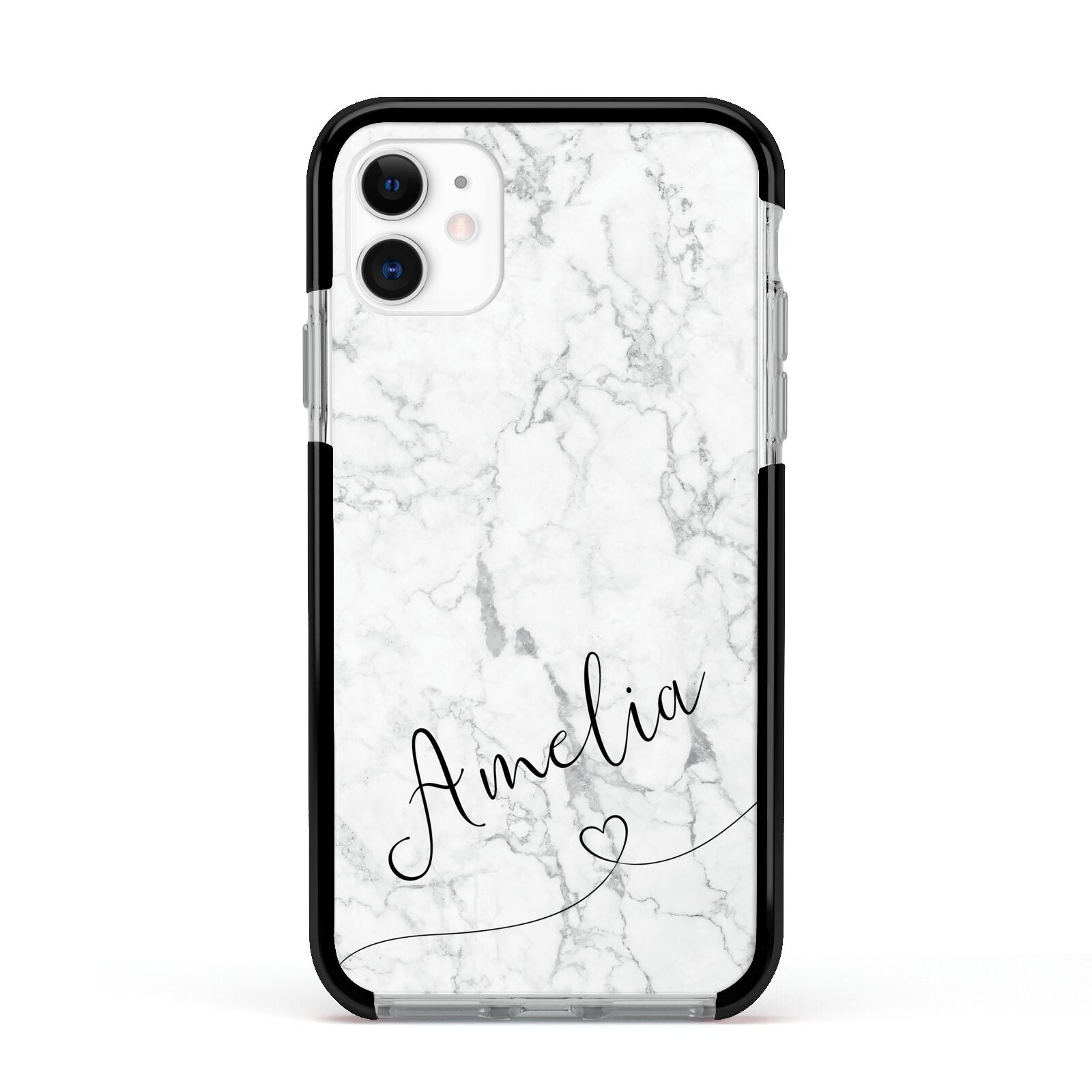 Marble with Custom Name Apple iPhone 11 in White with Black Impact Case