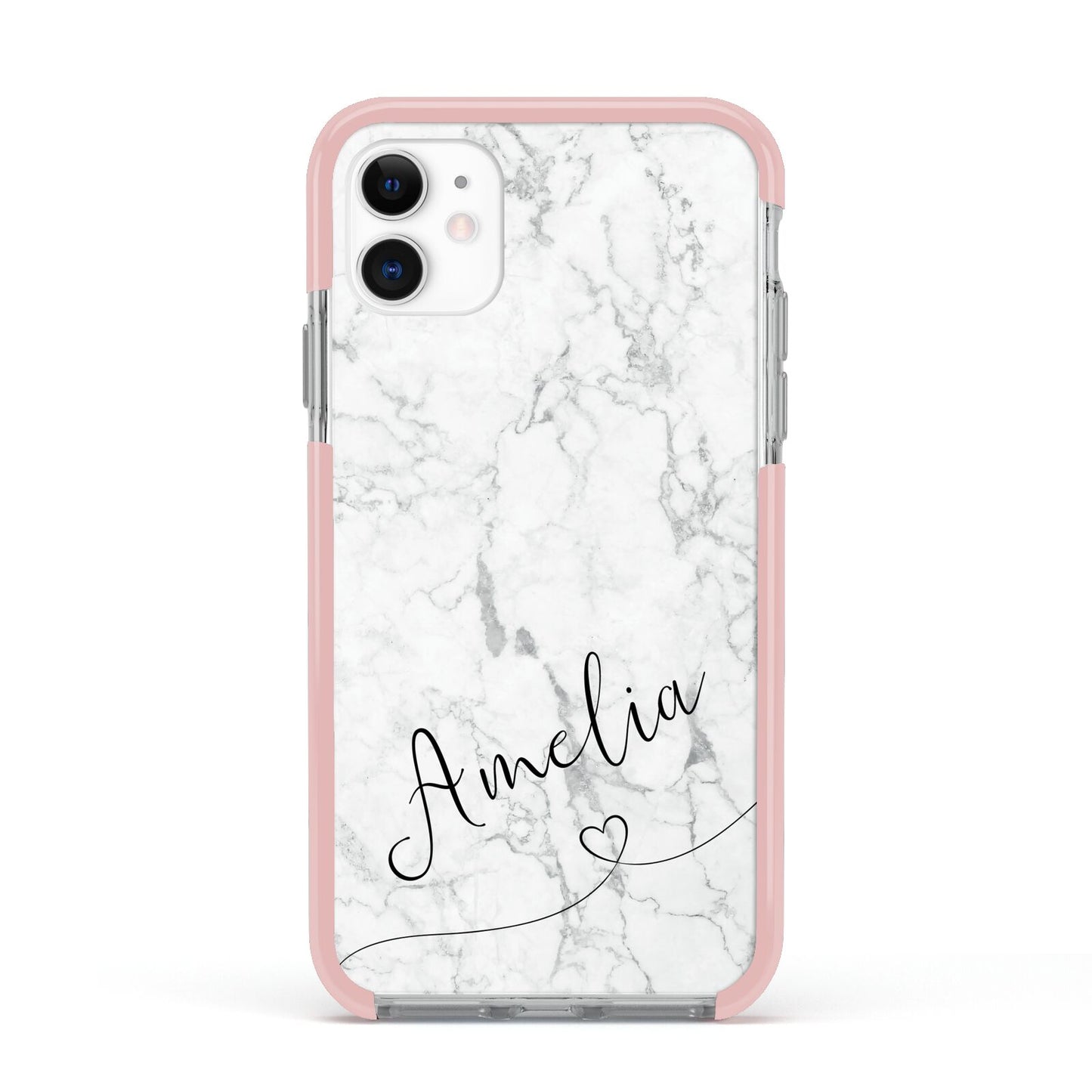 Marble with Custom Name Apple iPhone 11 in White with Pink Impact Case