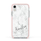 Marble with Custom Name Apple iPhone XR Impact Case Pink Edge on Silver Phone