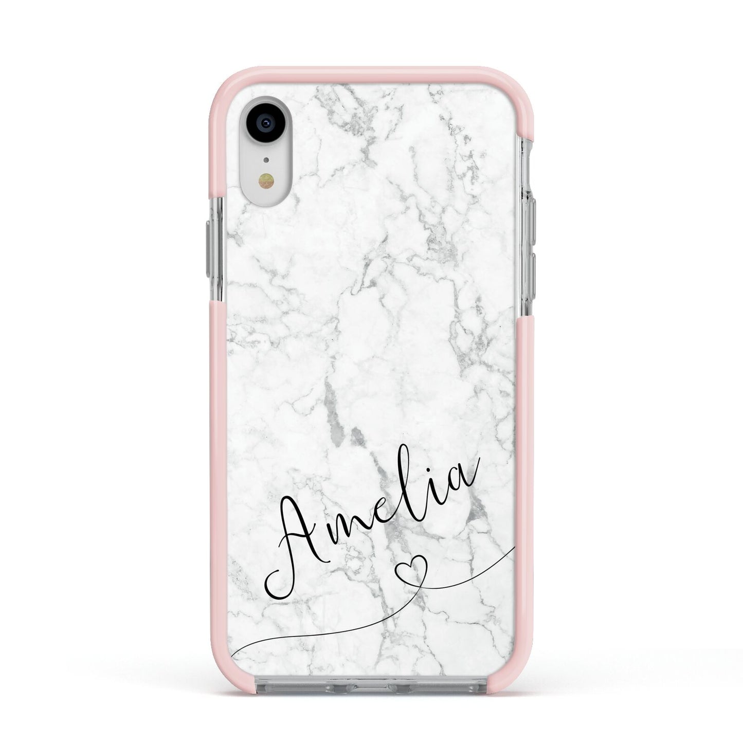 Marble with Custom Name Apple iPhone XR Impact Case Pink Edge on Silver Phone
