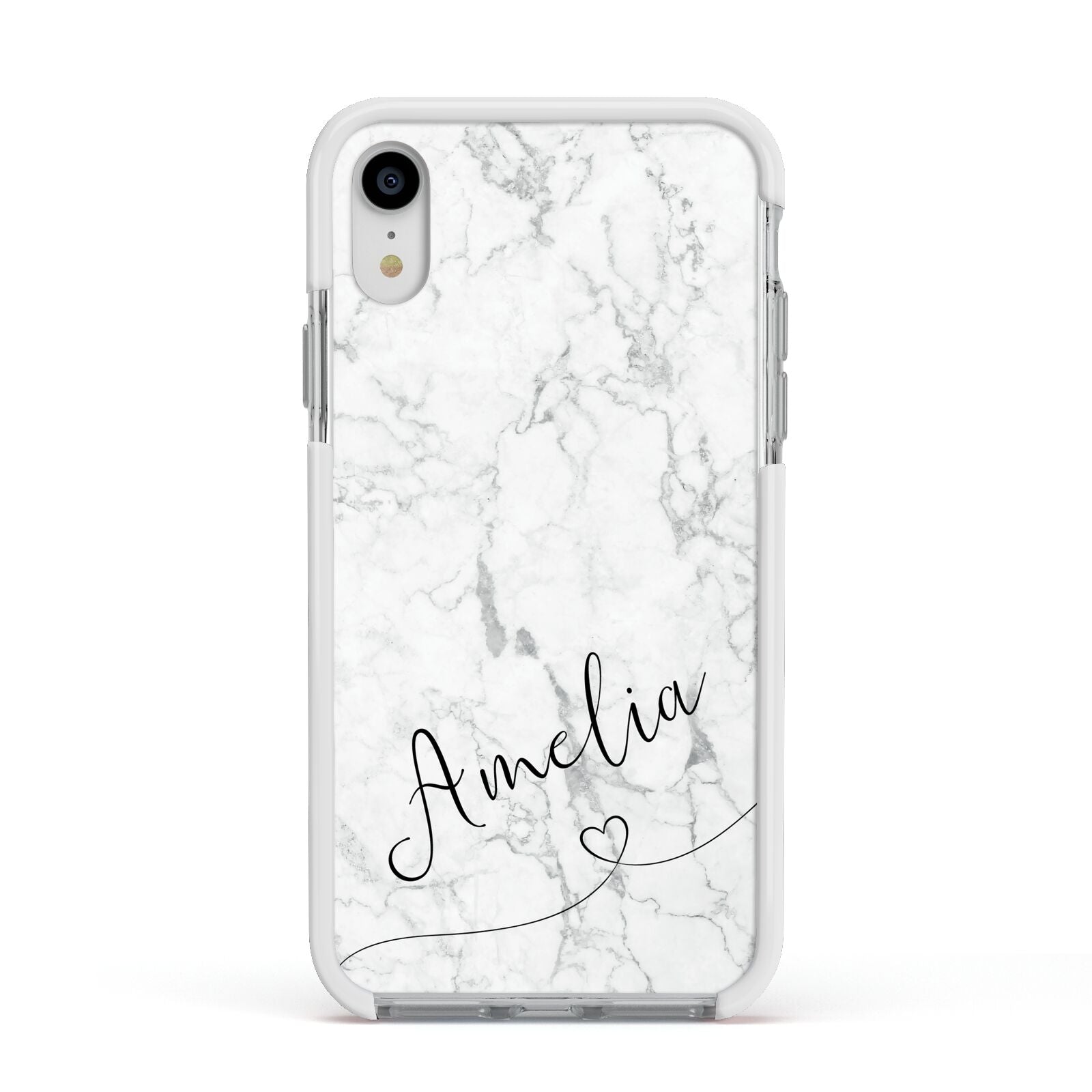 Marble with Custom Name Apple iPhone XR Impact Case White Edge on Silver Phone