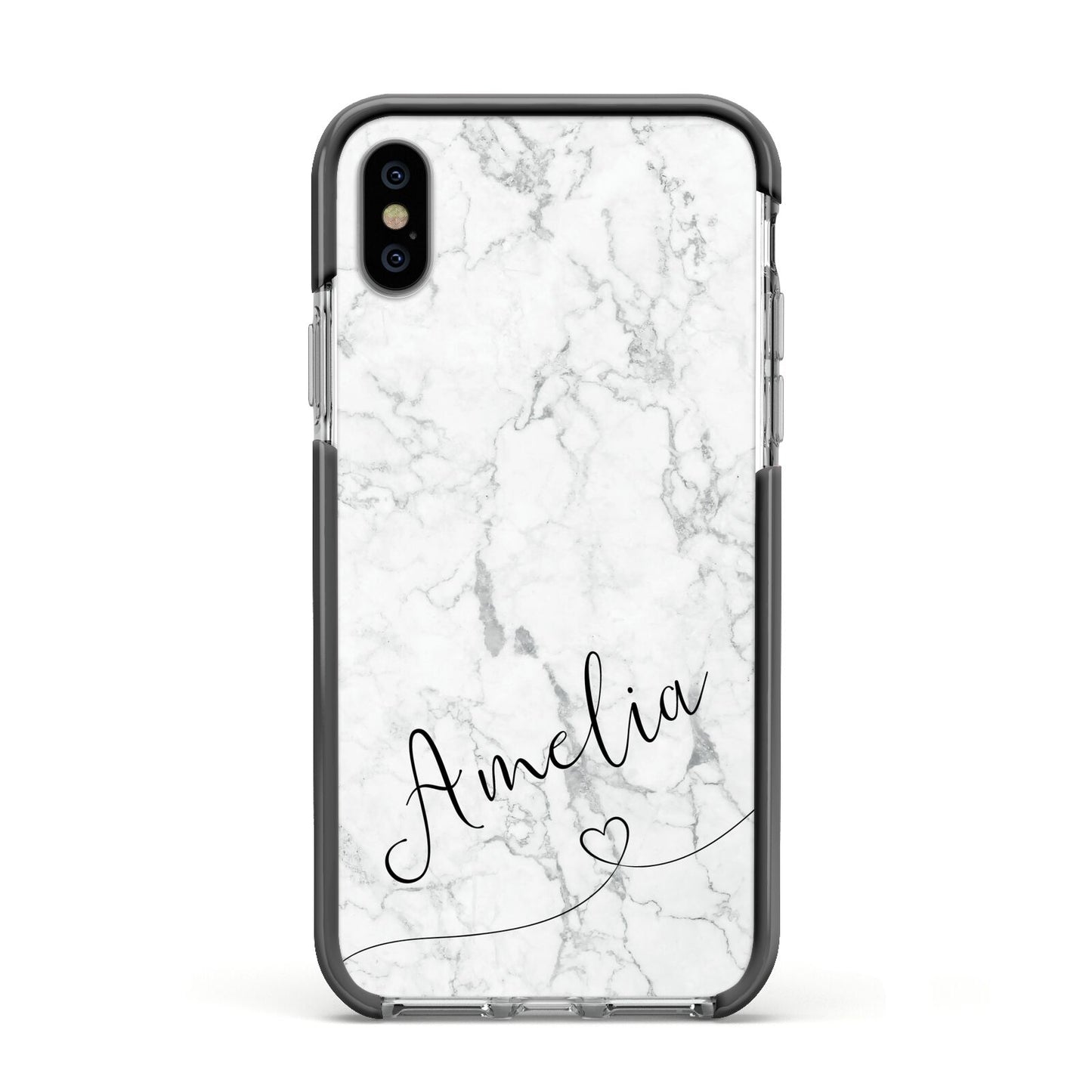 Marble with Custom Name Apple iPhone Xs Impact Case Black Edge on Silver Phone