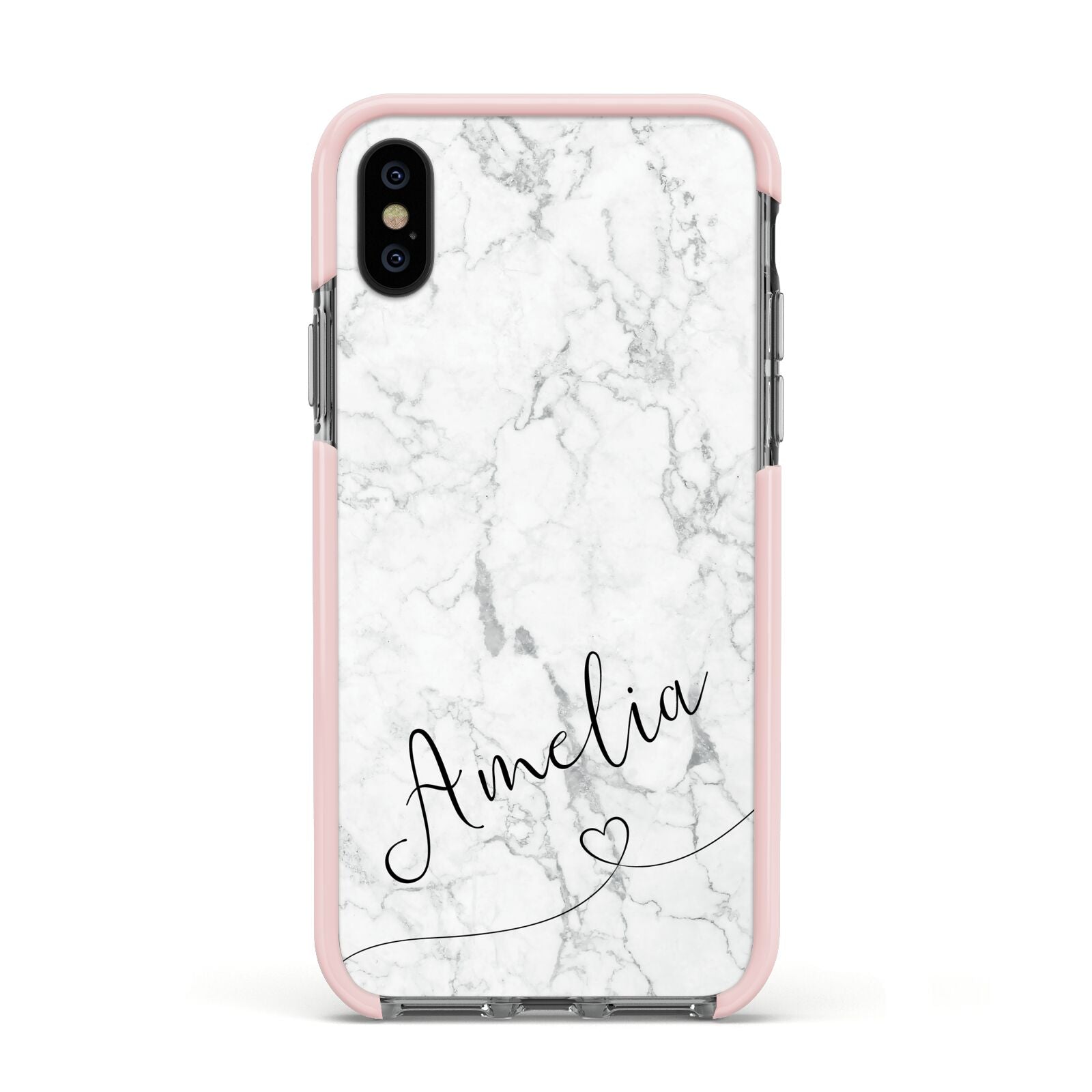 Marble with Custom Name Apple iPhone Xs Impact Case Pink Edge on Black Phone