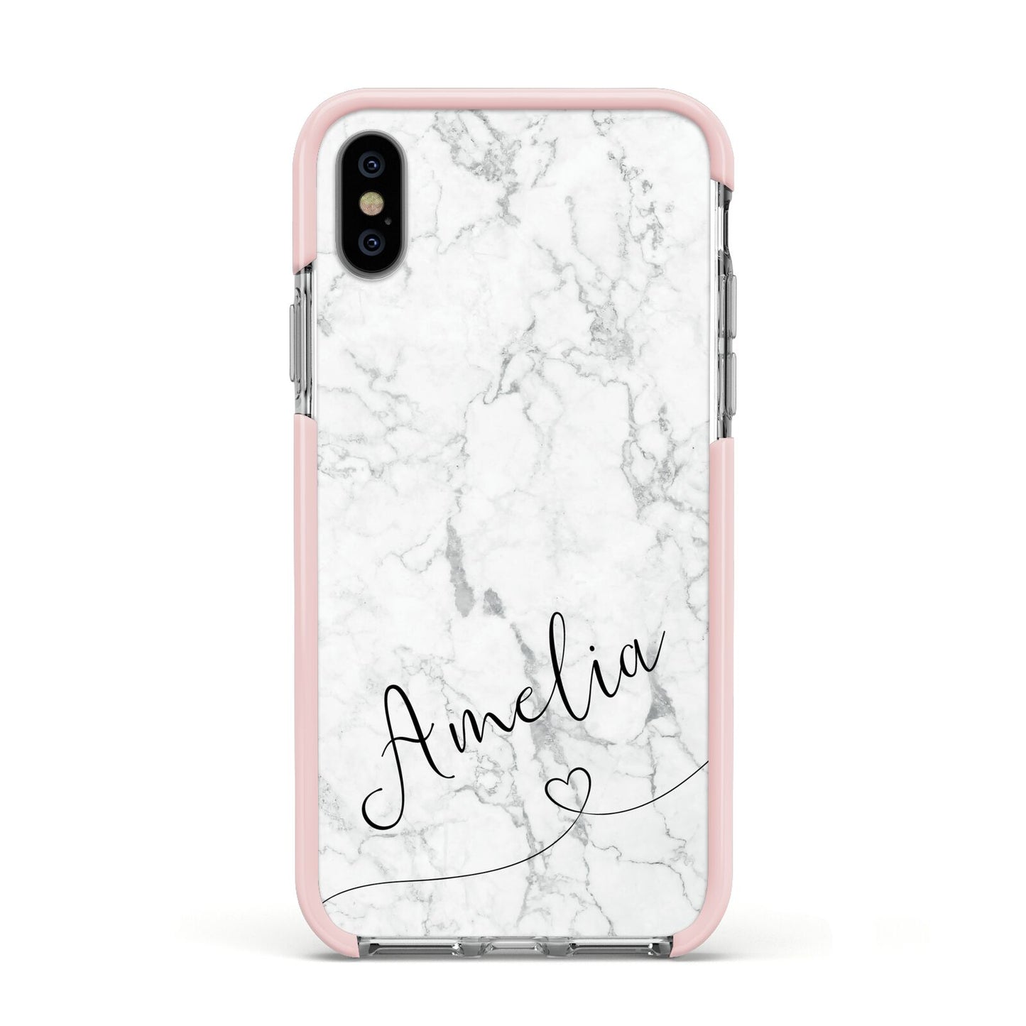 Marble with Custom Name Apple iPhone Xs Impact Case Pink Edge on Silver Phone