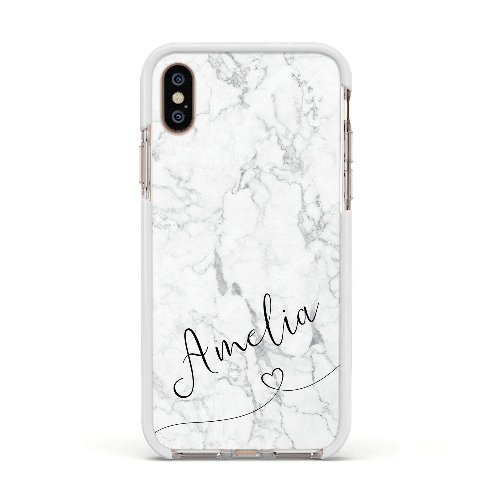 Marble with Custom Name Apple iPhone Xs Impact Case White Edge on Gold Phone