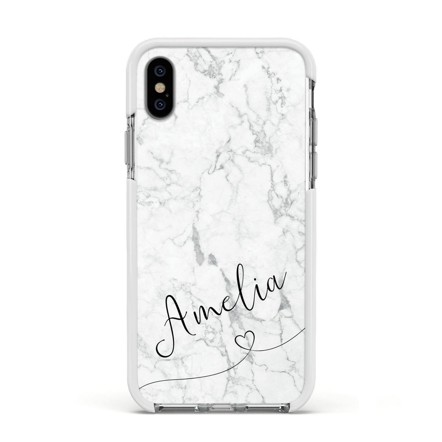 Marble with Custom Name Apple iPhone Xs Impact Case White Edge on Silver Phone
