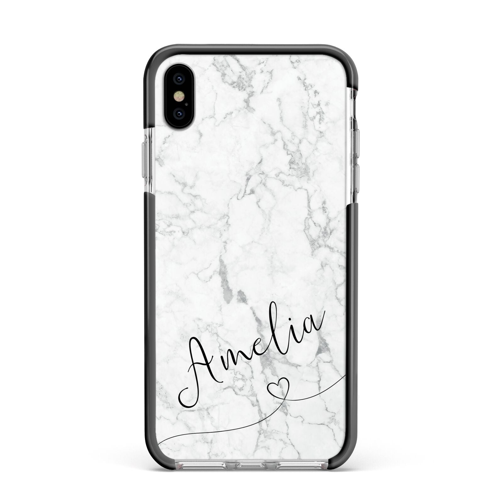 Marble with Custom Name Apple iPhone Xs Max Impact Case Black Edge on Silver Phone