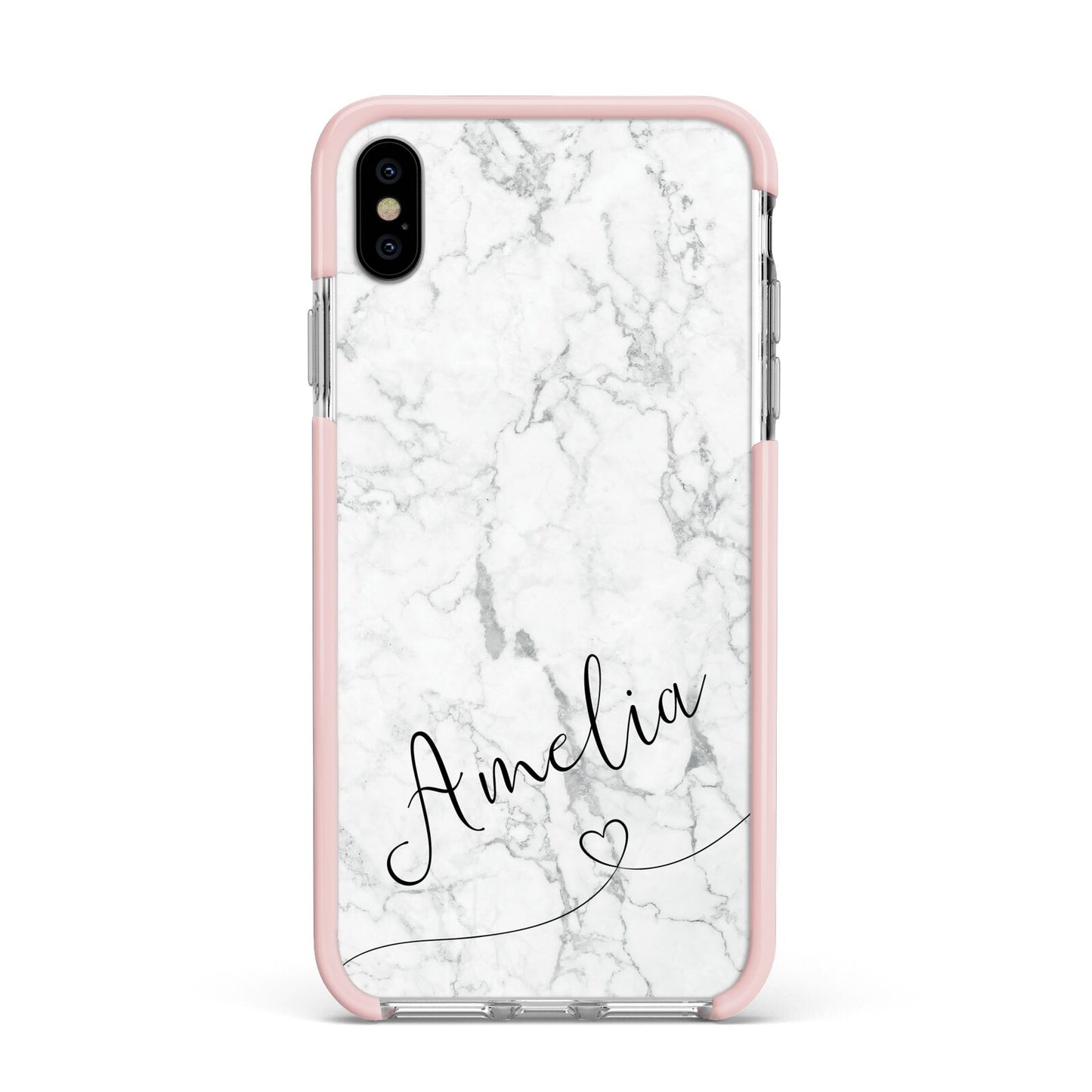 Marble with Custom Name Apple iPhone Xs Max Impact Case Pink Edge on Silver Phone