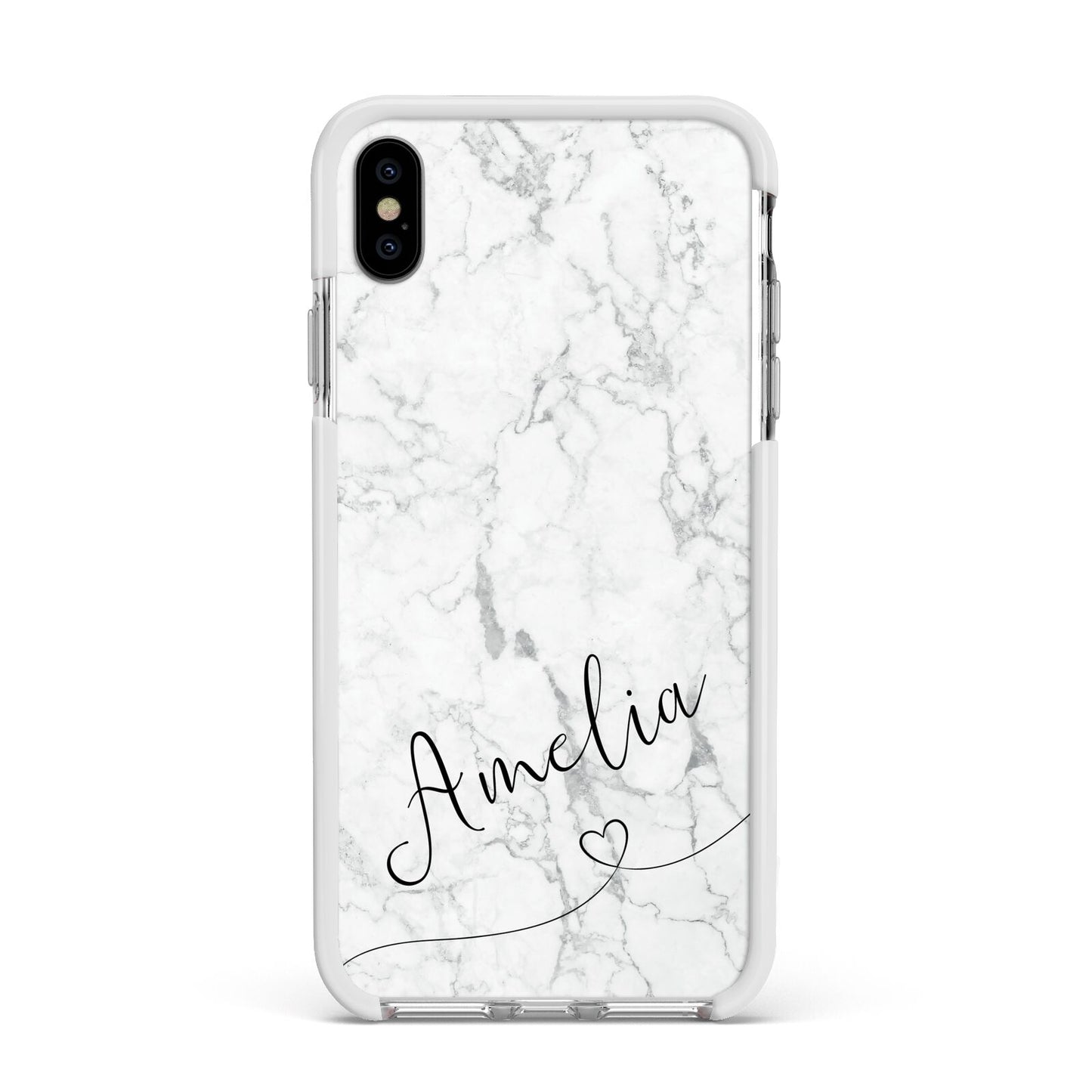 Marble with Custom Name Apple iPhone Xs Max Impact Case White Edge on Silver Phone