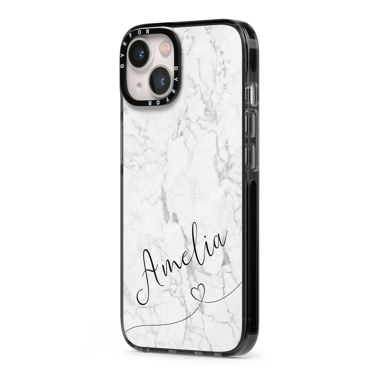 Marble with Custom Name iPhone 13 Black Impact Case Side Angle on Silver phone