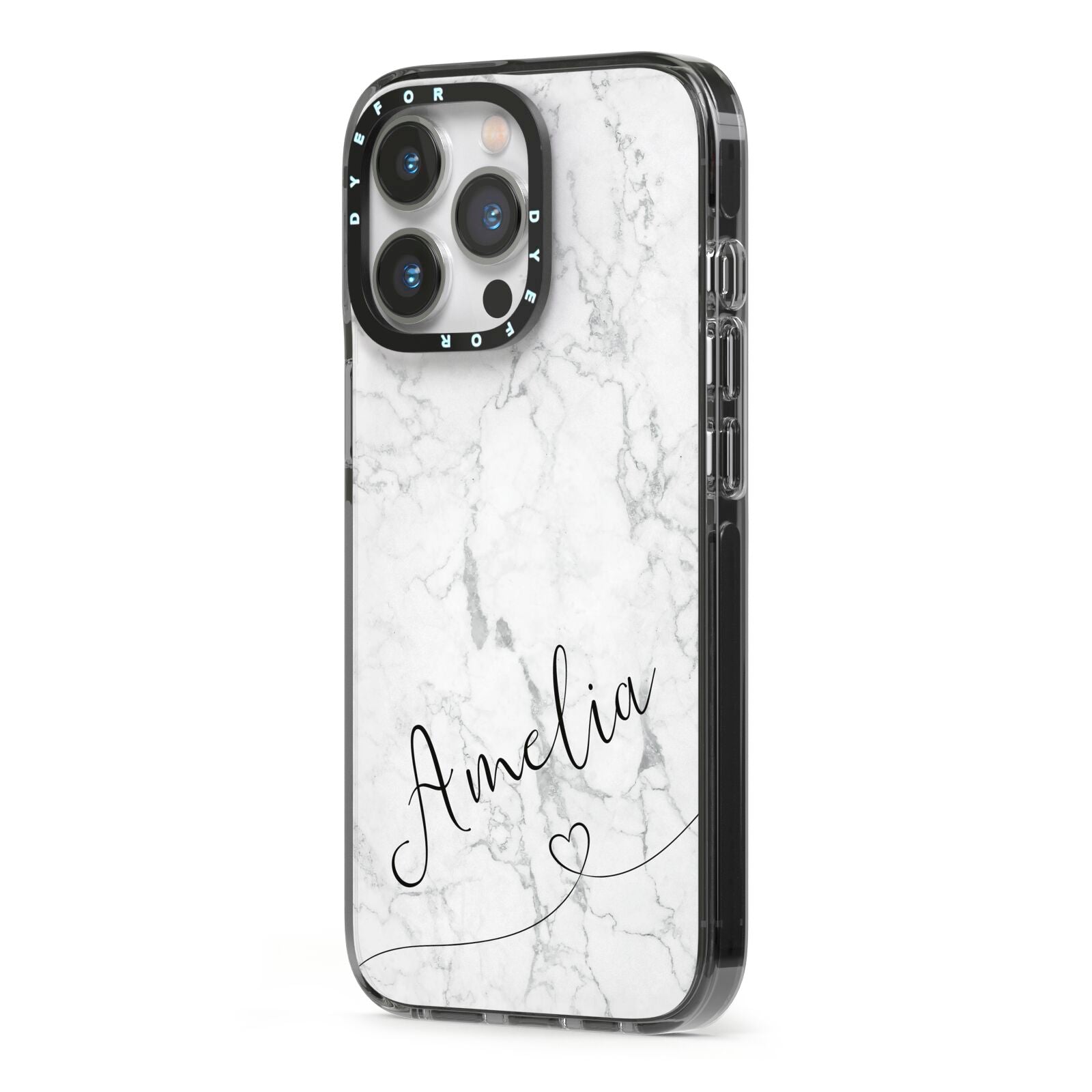 Marble with Custom Name iPhone 13 Pro Black Impact Case Side Angle on Silver phone