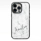 Marble with Custom Name iPhone 13 Pro Black Impact Case on Silver phone