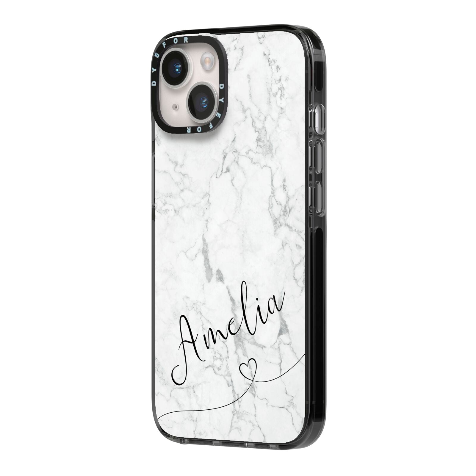 Marble with Custom Name iPhone 14 Black Impact Case Side Angle on Silver phone