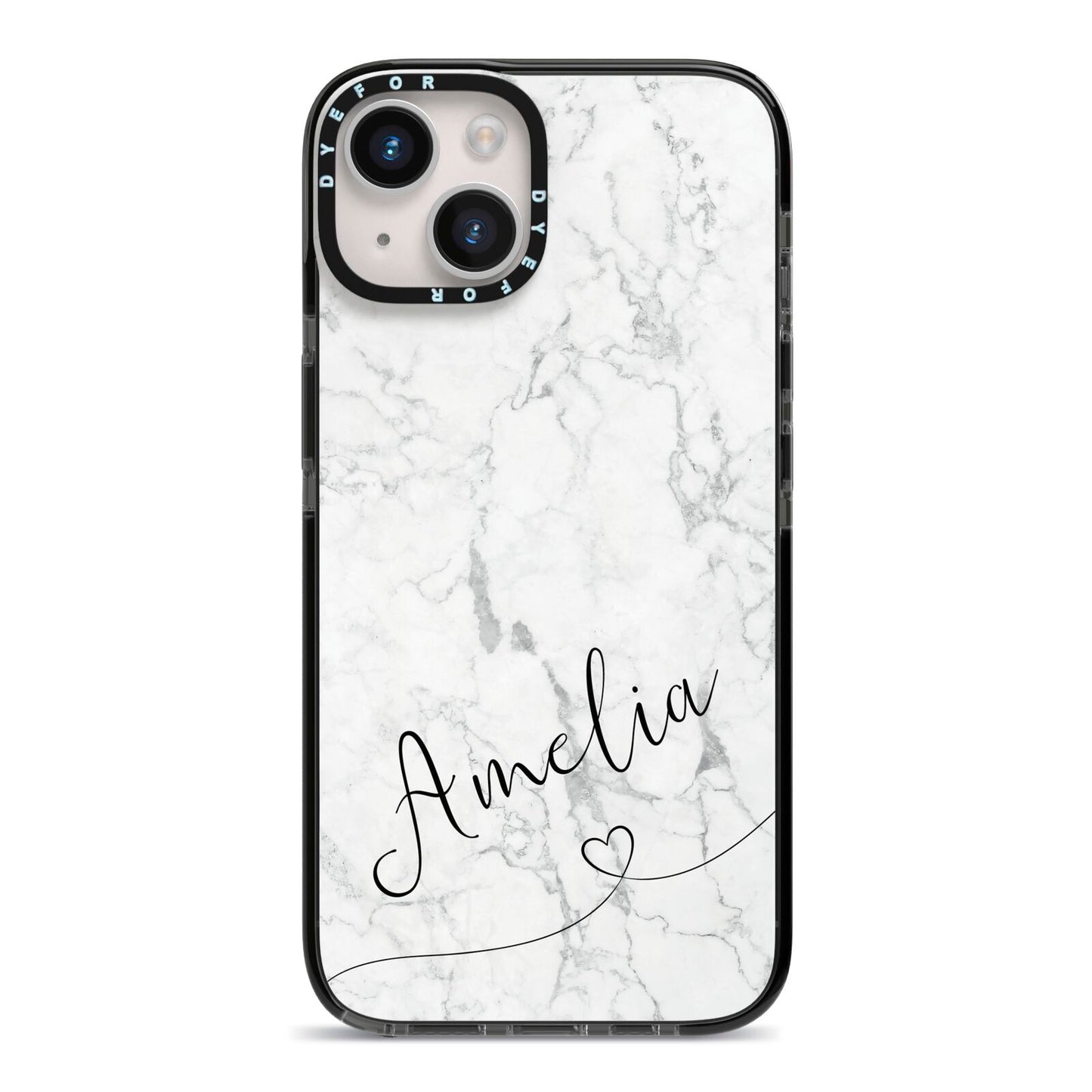 Marble with Custom Name iPhone 14 Black Impact Case on Silver phone