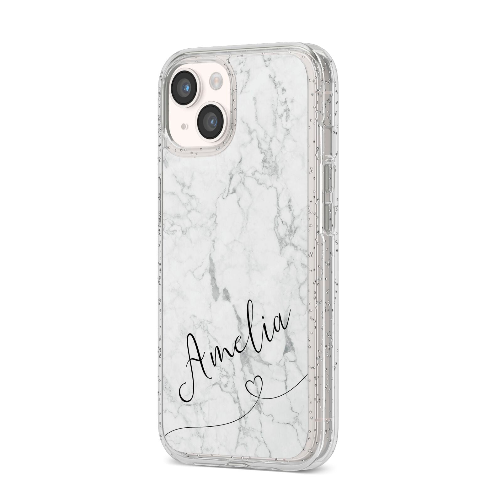 Marble with Custom Name iPhone 14 Glitter Tough Case Starlight Angled Image