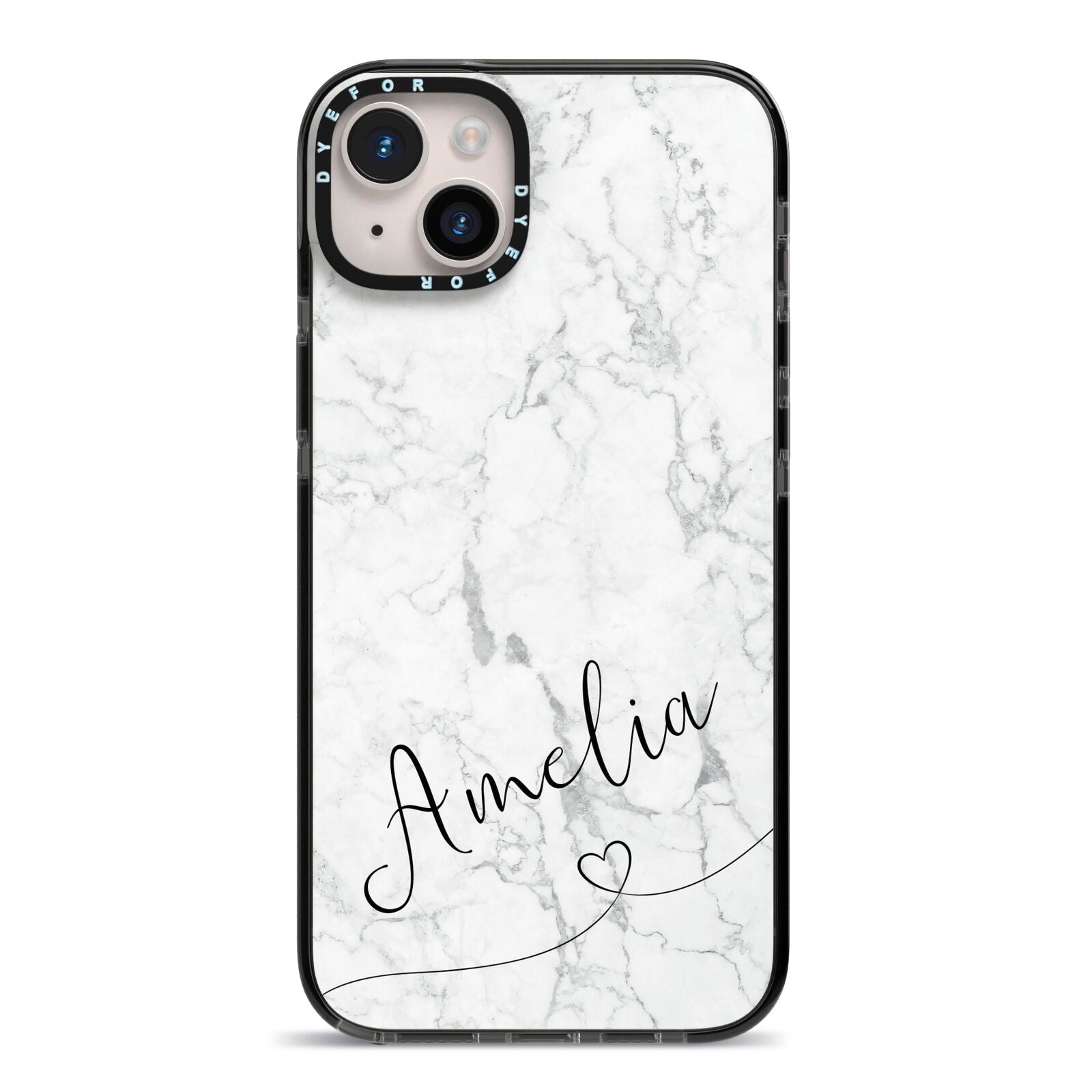 Marble with Custom Name iPhone 14 Plus Black Impact Case on Silver phone