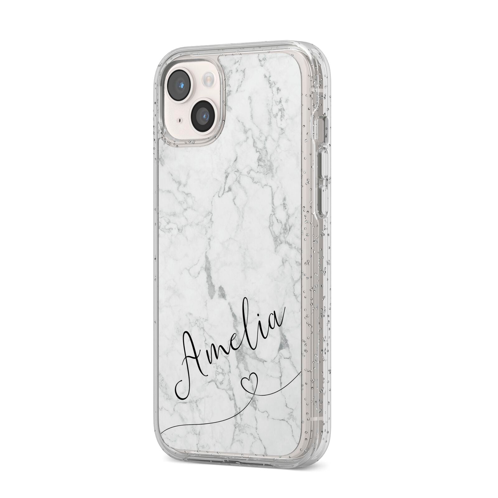 Marble with Custom Name iPhone 14 Plus Glitter Tough Case Starlight Angled Image