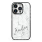 Marble with Custom Name iPhone 14 Pro Black Impact Case on Silver phone