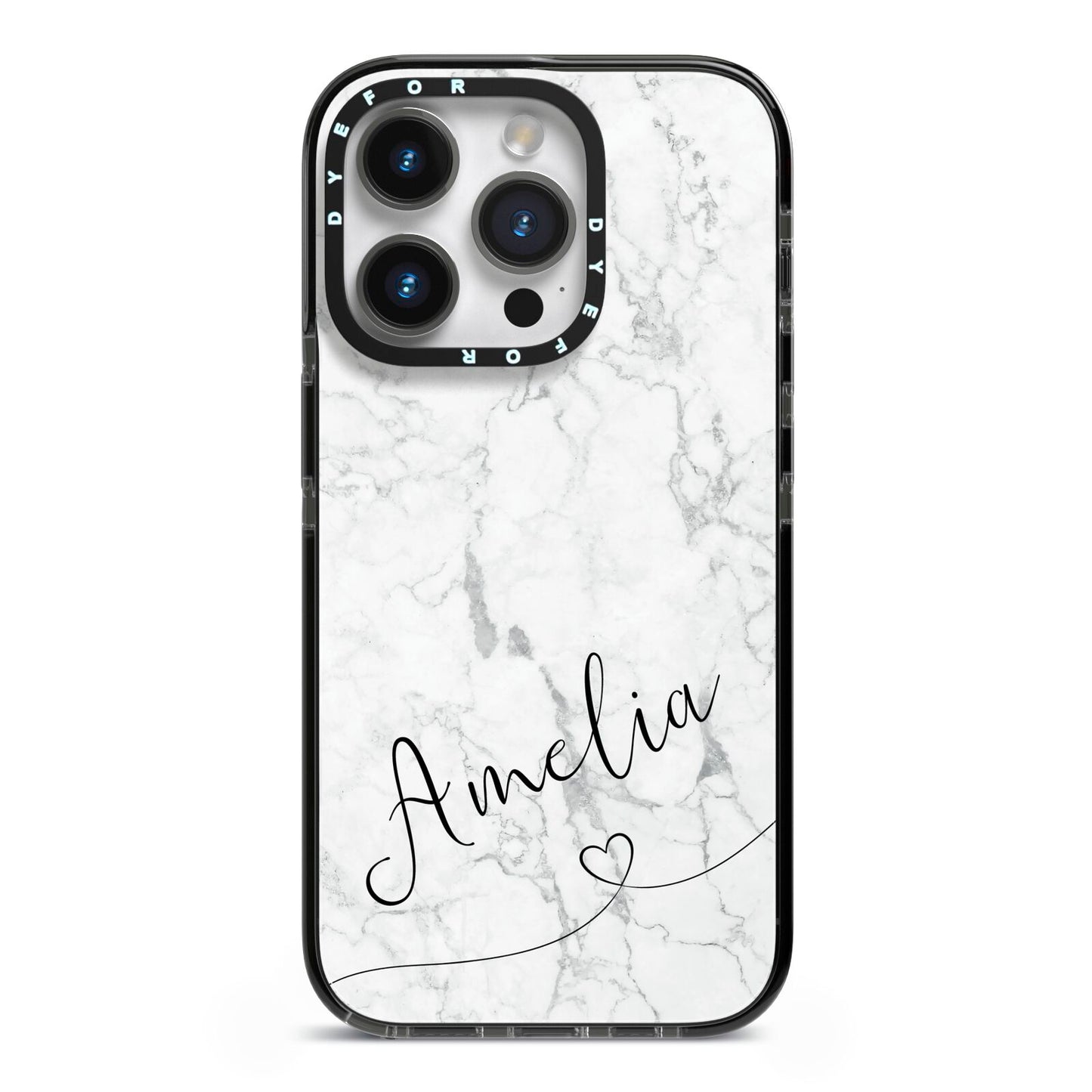 Marble with Custom Name iPhone 14 Pro Black Impact Case on Silver phone