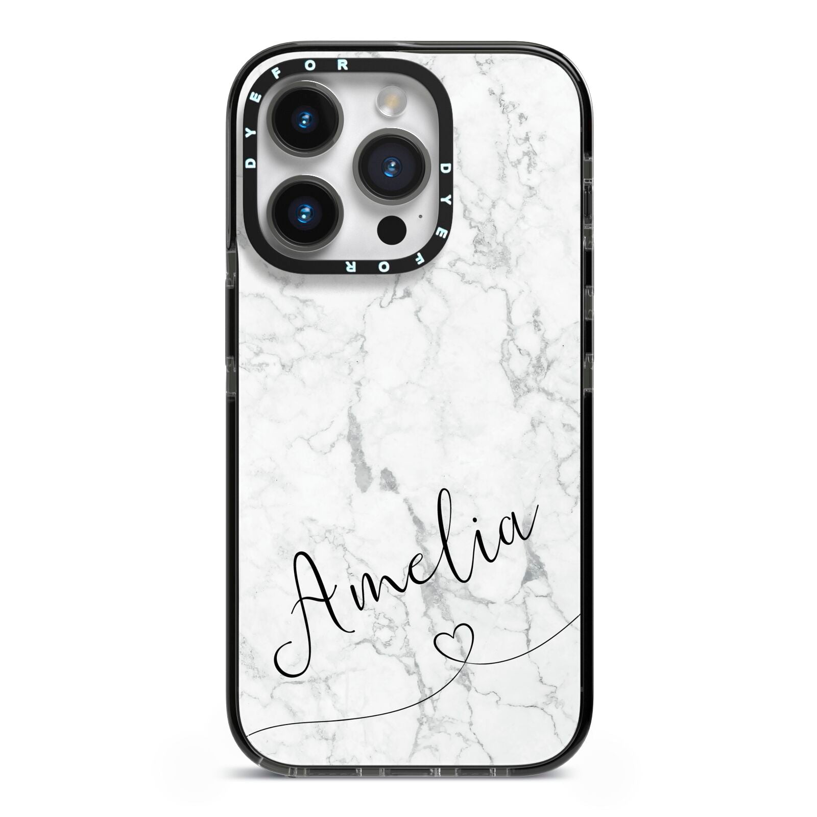Marble with Custom Name iPhone 14 Pro Black Impact Case on Silver phone