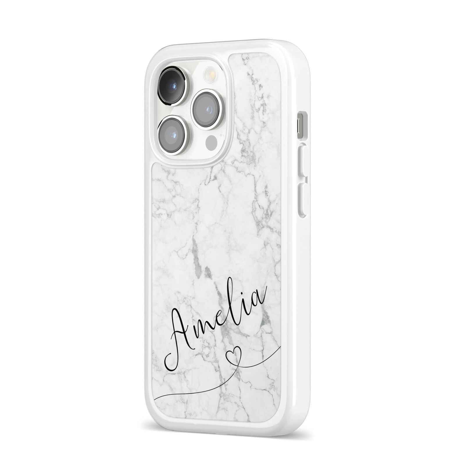 Marble with Custom Name iPhone 14 Pro Clear Tough Case Silver Angled Image