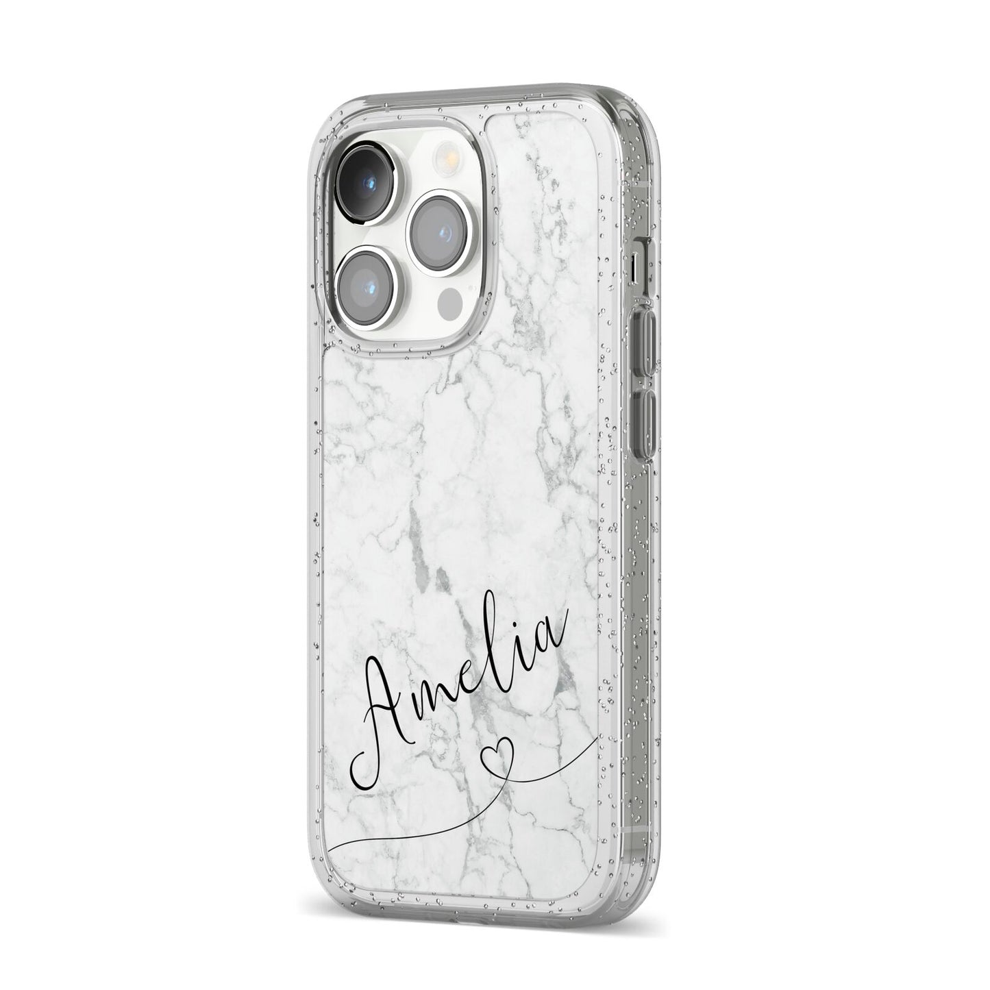 Marble with Custom Name iPhone 14 Pro Glitter Tough Case Silver Angled Image