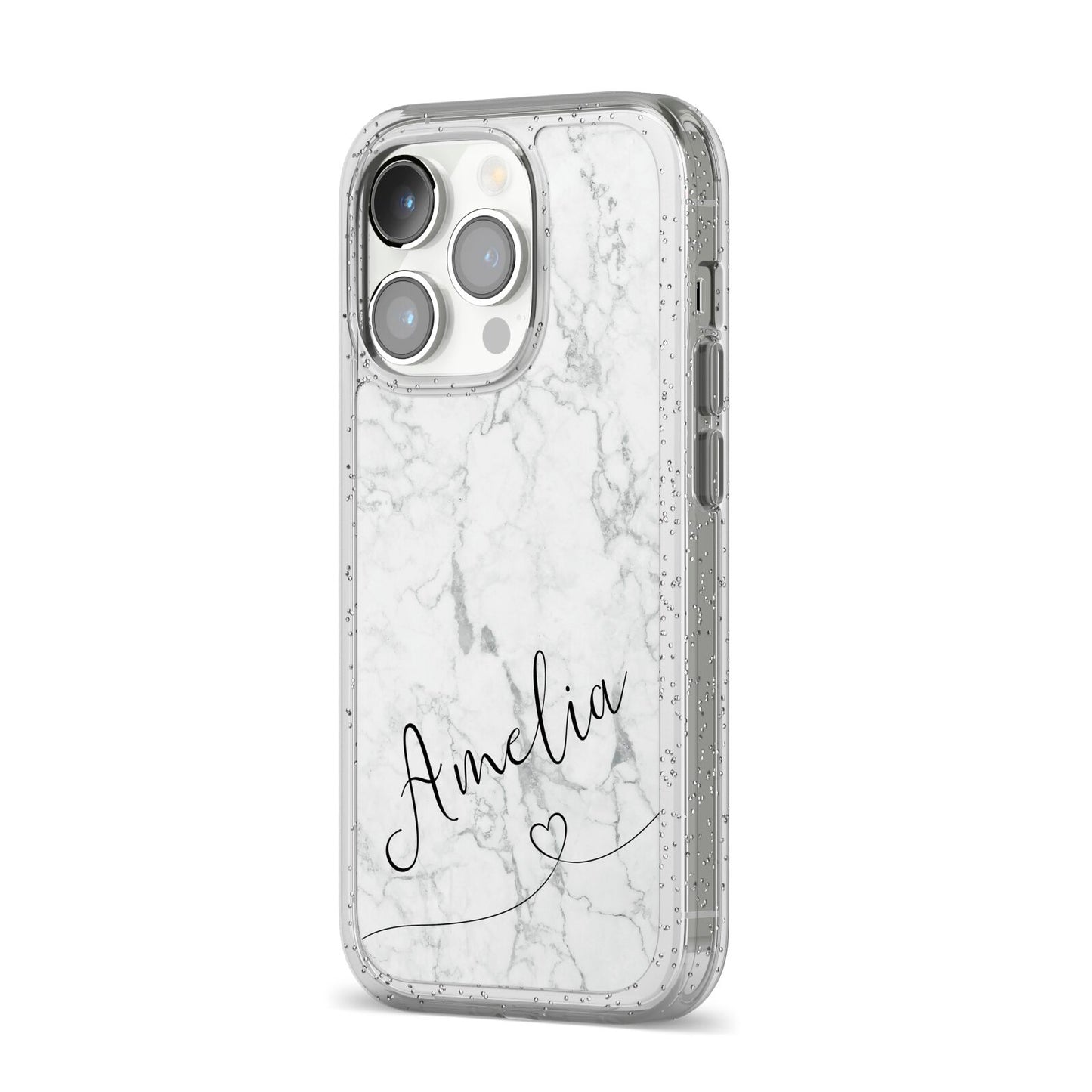 Marble with Custom Name iPhone 14 Pro Glitter Tough Case Silver Angled Image
