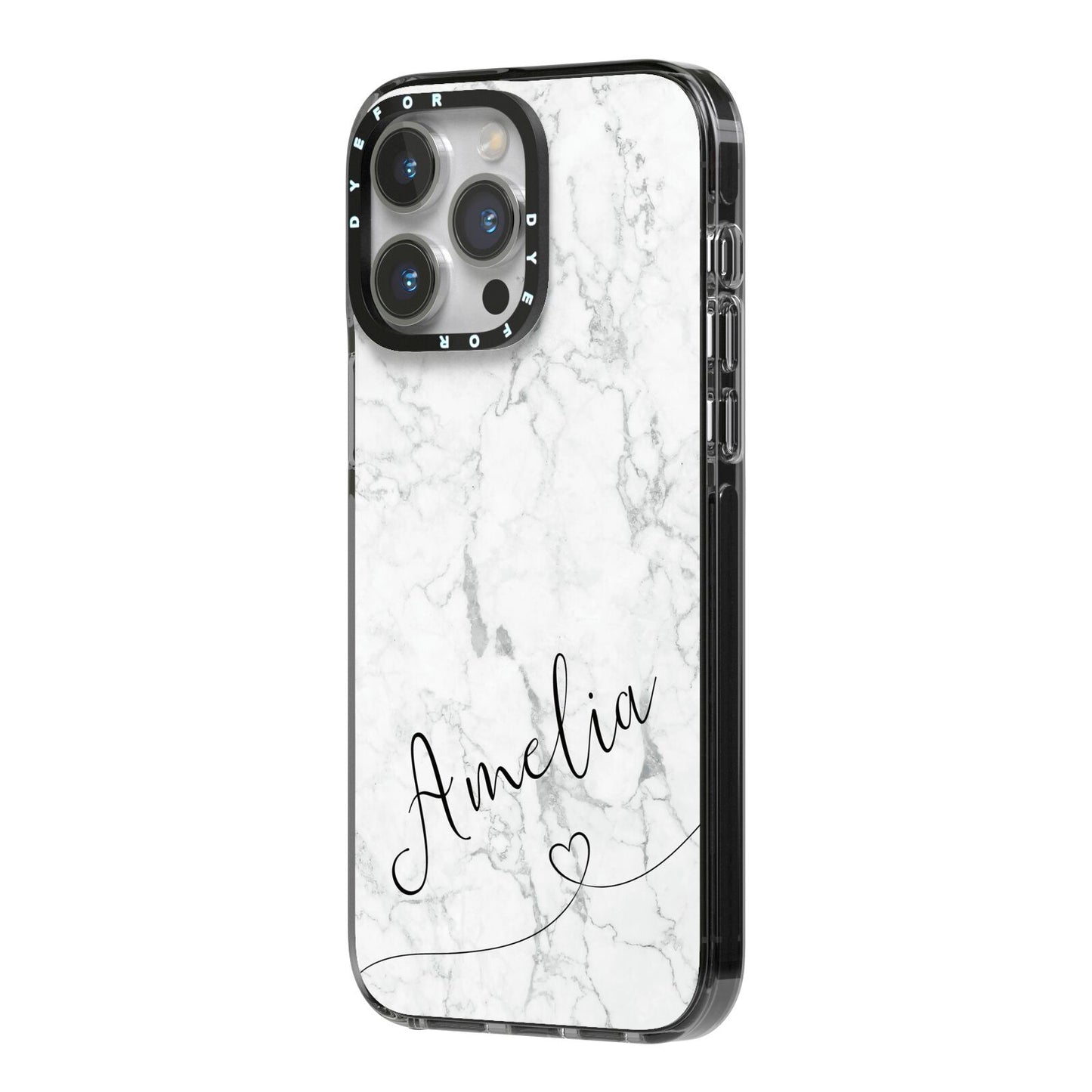 Marble with Custom Name iPhone 14 Pro Max Black Impact Case Side Angle on Silver phone