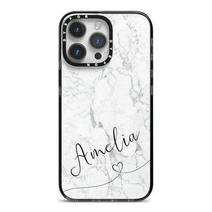 Marble with Custom Name iPhone 14 Pro Max Black Impact Case on Silver phone