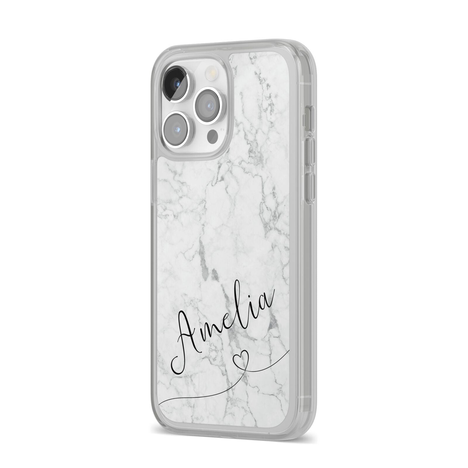 Marble with Custom Name iPhone 14 Pro Max Clear Tough Case Silver Angled Image